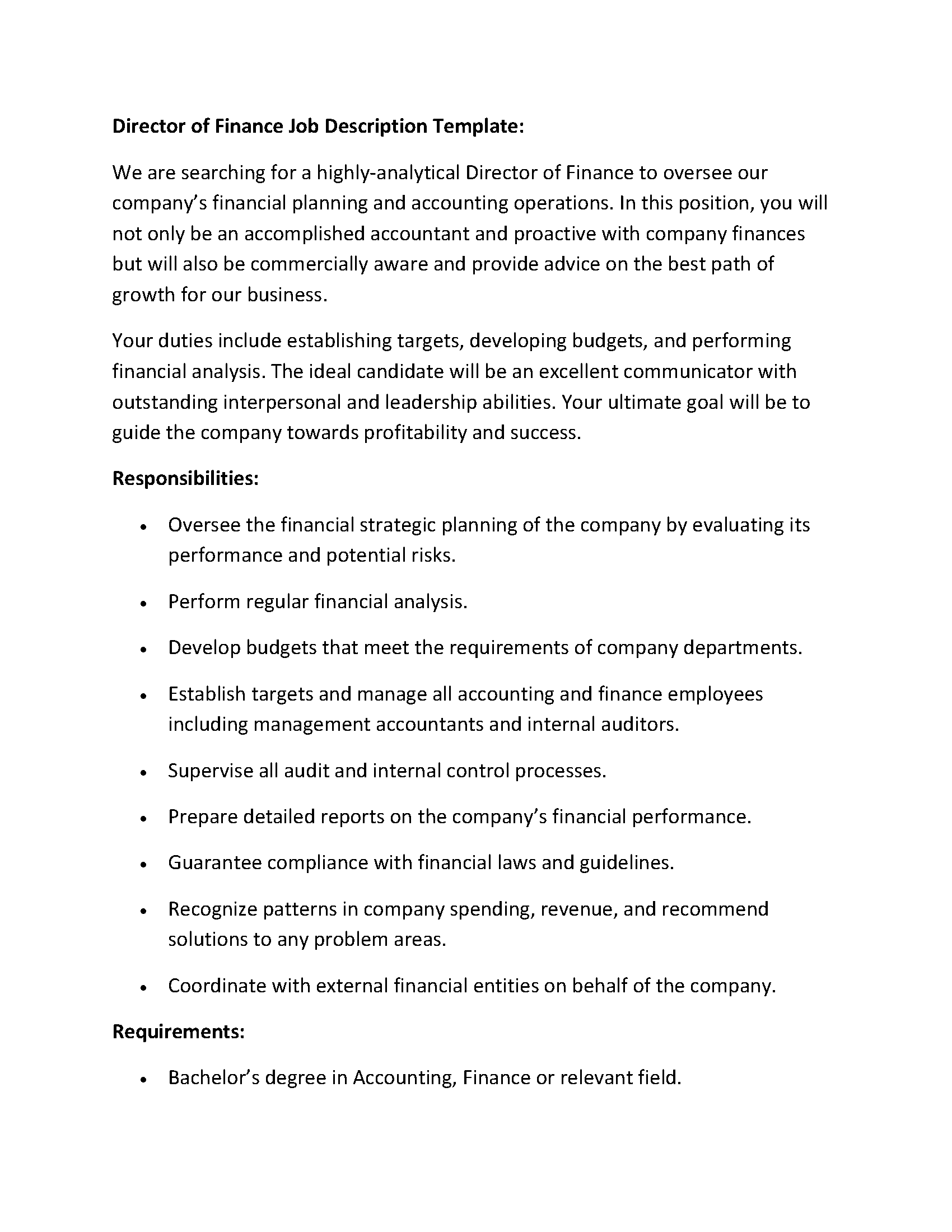 Director of Finance Job Description Template